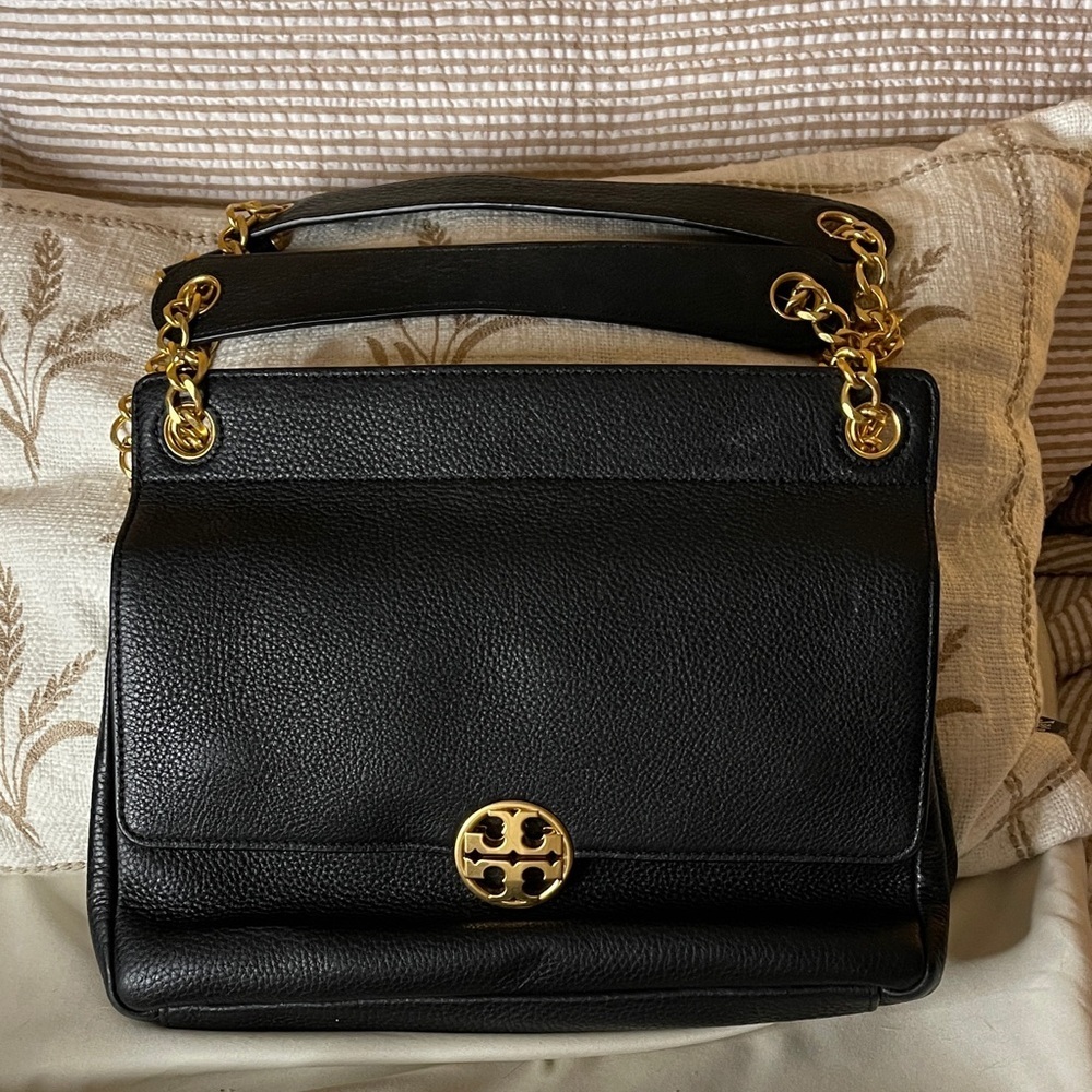 Tory Burch Black Pebble Leather Handbag with Gold Accents Tory Burch